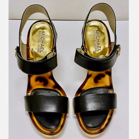 NEW MICHAEL KORS LANI SANDALS BLACK LEATHER 4" HEELS GOLD TORTOISE SHELL PUMPS 7 - Picture 3 of 13